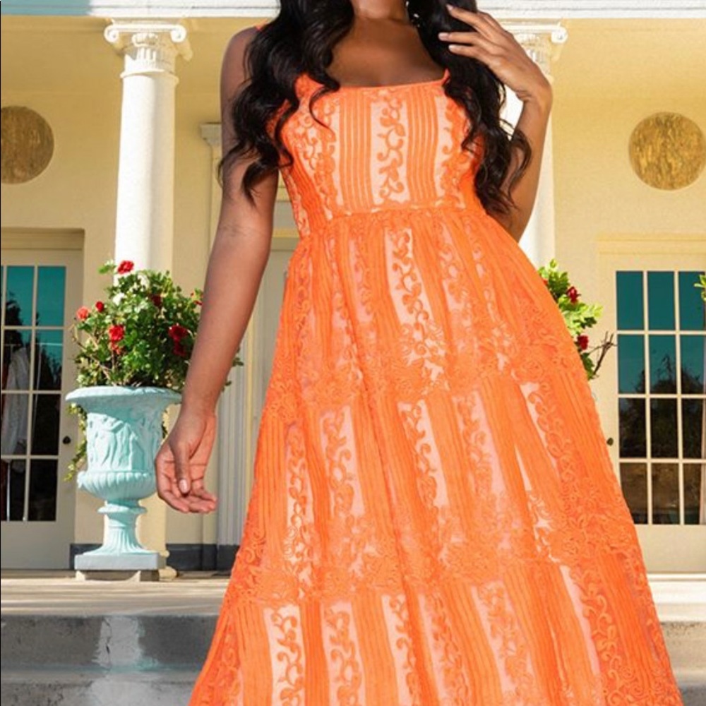 Pretty little thing orange lace square neck midi dress. NWT. Size Uk 8( us 4)